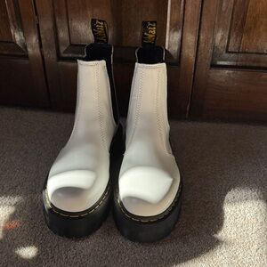 White Chelsea Platform Boots with Yellow Stitching